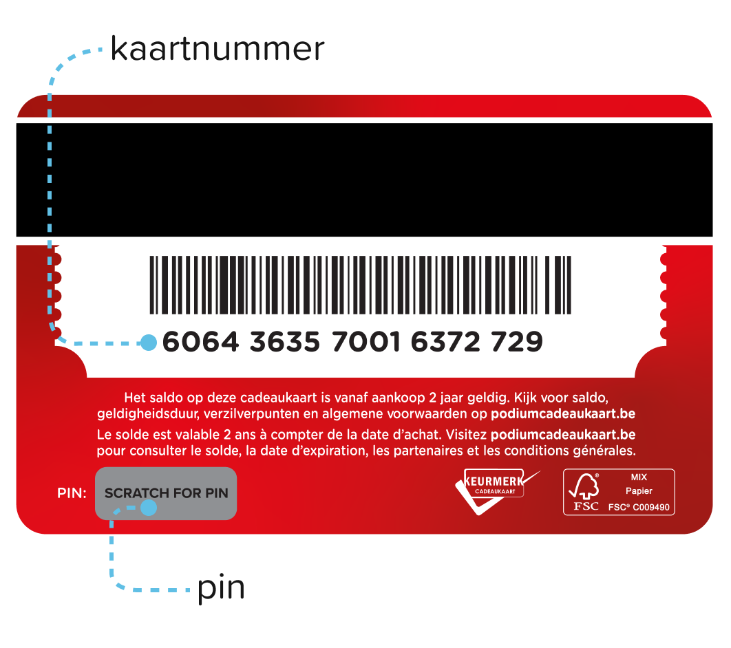 voorbeeld achterzijde Podium Cadeaukaart, waarin het kaartnummer en de kraslaag staan aangegeven: soort 1 van 2